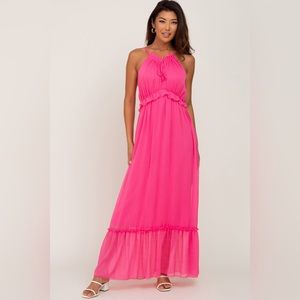 Pinkblush chiffon hot pink ruffle trim maxi dress nwt